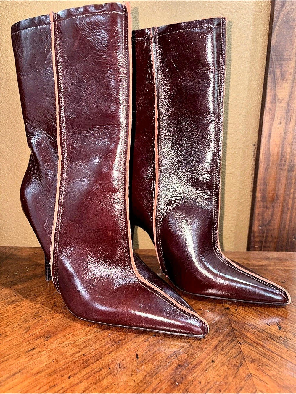 Zara Leather Heeled Booties Pointed-Toe Knee-High Boots in Burgundy EU 39 NWT